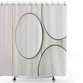 Personality  Ceramic Glazed Plates On White Wooden Background Shower Curtains
