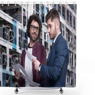 Personality  Successful Businessman And Computer Engineer Working Together At Ethereum Mining Farm Shower Curtains
