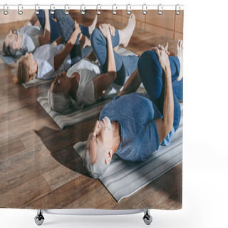 Personality  Group Of Senior People Stretching In Yoga Mats In Studio Shower Curtains