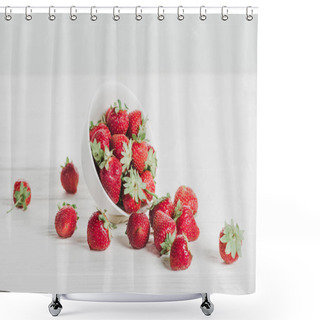 Personality  Close-up Shot Of Strawberries Spilled From Bowl On White Surface Shower Curtains