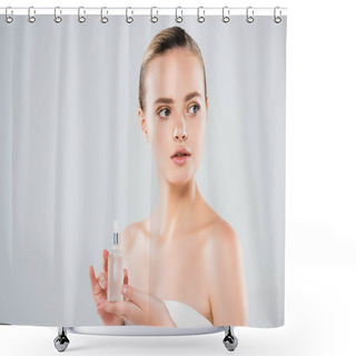 Personality  Attractive Young Woman Holding Bottle With Serum Isolated On Grey  Shower Curtains