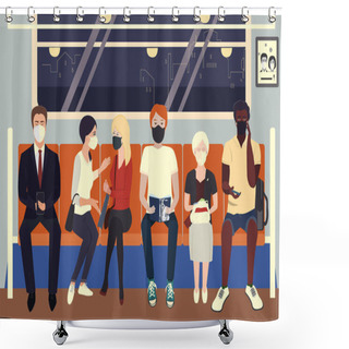 Personality  People Wearing Protective Medical Masks Sitting In Subway. COVID-19 Virus Prevention, People Social Distancing For Infection Risk. Vector Illustration Shower Curtains