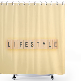 Personality  Top View Of Lifestyle Lettering Made Of Wooden Cubes On Yellow Background Shower Curtains