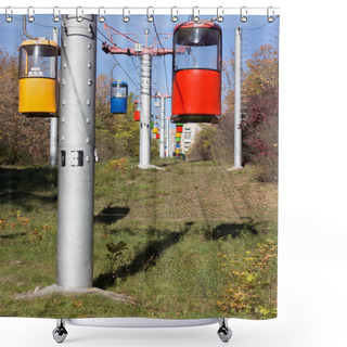 Personality  Cableway Cabins Multicolored Cable Car Cabins, Funicular, Moving Through The Autumn Forest Shower Curtains