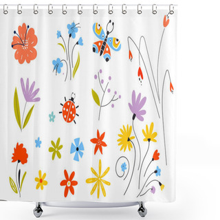 Personality  Set Of Vector Multicolored Spring Flowers. Decorative Easter Elements In A Flat Style. Leaves Of Branches And Plants. Floral Elements. Shower Curtains