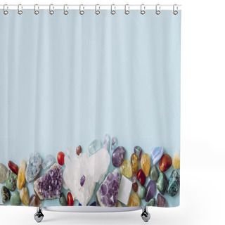 Personality  Frame Made Out Of A Lot Of Different Raw Natural Crystal Geode Clusters, Amethyst, Celestite, Quartz On Light Blue Background For Copy Space. Shower Curtains