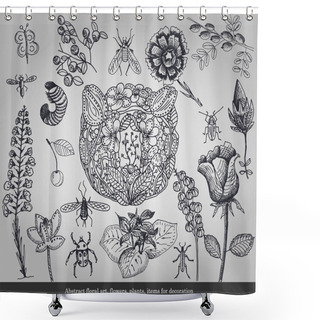 Personality  Abstract Floral Art, Flowers, Plants, Items For Decoration On Gray Background Shower Curtains