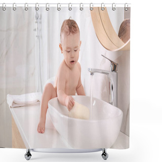 Personality  Cute Little Baby Playing In Bathroom At Home Shower Curtains