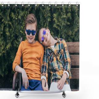 Personality  Smiling Children Sitting On Bench At Park Shower Curtains