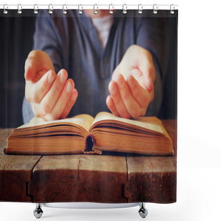 Personality  Low Key Image Of Person Sitting Next To Prayer Book Shower Curtains