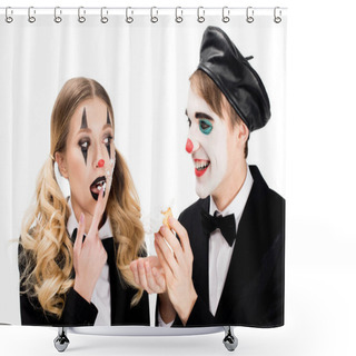 Personality  Smiling Clown Looking At Woman With Cupcake On Face Licking Off Sweet Finger Isolated On White  Shower Curtains