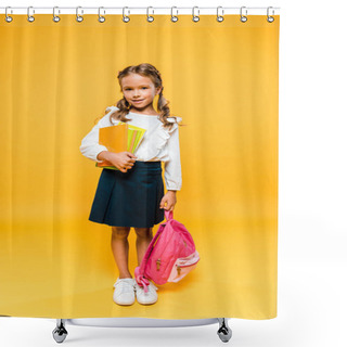Personality  Cute And Happy Kid Holding Books And Backpack On Orange  Shower Curtains
