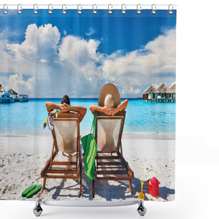 Personality  Couple In Sun Beds On A Tropical Beach At Maldives Shower Curtains