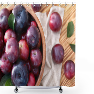 Personality  Bowl With Ripe Juicy Plums On Wooden Table Shower Curtains