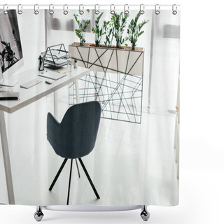 Personality  White Table With Computer, Document Tray And Notebook Near Office Chair And Flowerpot With Plant Shower Curtains
