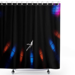 Personality  Low Angle View Of Athletic Acrobat Performing Acrobatic Exercise On Metallic Pole In Circus  Shower Curtains