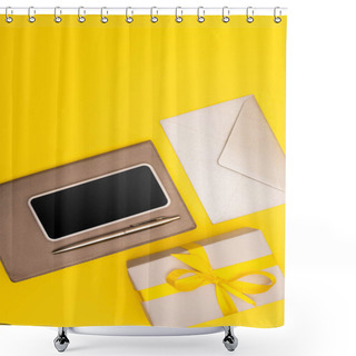 Personality  Top View Of Smartphone With Blank Screen On Copy Book With Pen Near Envelope And Present Isolated On Yellow Shower Curtains