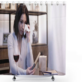 Personality  Upset Woman Holding Photo Frame And Wiping Tears With Paper Napkin At Home Shower Curtains