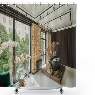 Personality  Black Bathtub Inside Of Modern Apartment With Books On Coffee Table, Panoramic Windows And Plants Shower Curtains