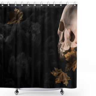 Personality  Spooky Human Skull With Yellow Leaves In Black Clouds, Halloween Decoration Shower Curtains