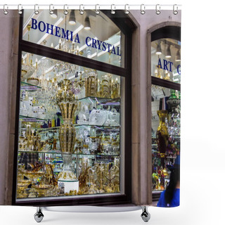 Personality  Prague, Czech Republic -July 23,2017: Storefront Of Famous Bohemian Glass Or Bohemia Crystal Pieces Shop Shower Curtains