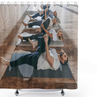 Personality  Group Of Senior People Stretching In Yoga Mats In Studio Shower Curtains