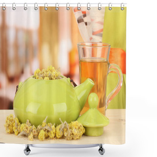 Personality  Dried Herbs In Teapot On Wooden Table, On Bright Background. Conceptual Photo Of Herbal Tea. Shower Curtains