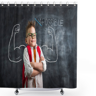 Personality  Change Impossible On Possible. Funny Kid With Strong Arms Against Blackboard Shower Curtains