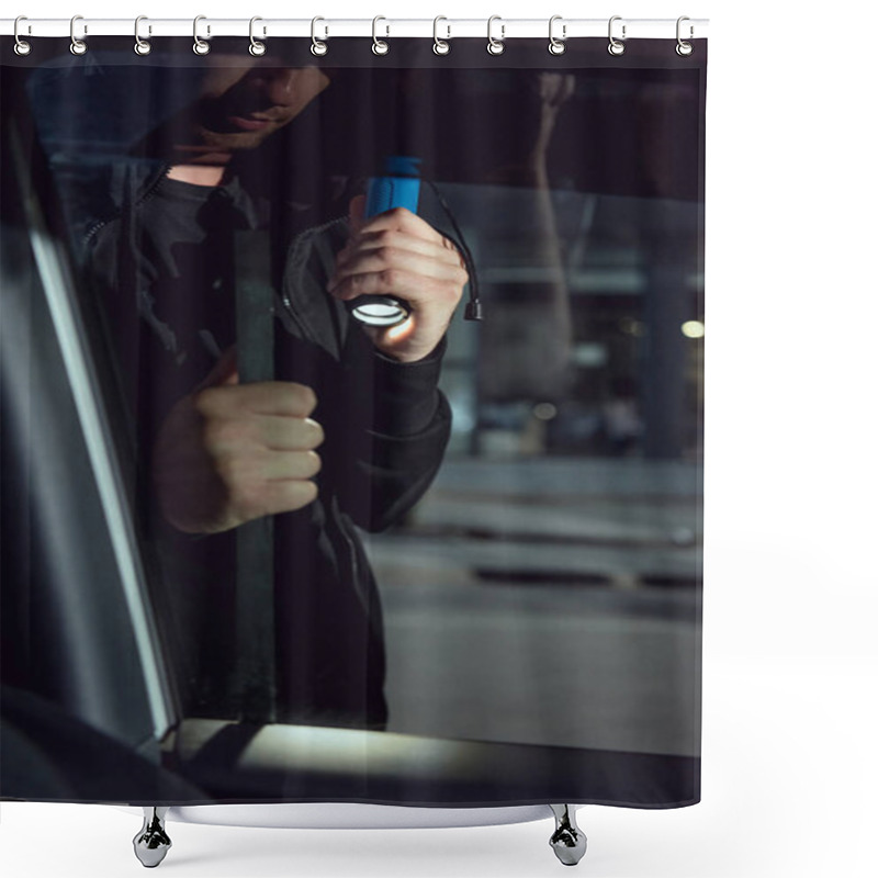 Personality  Cropped View Of Thief Intruding Car With Flashlight And Crowbar Shower Curtains