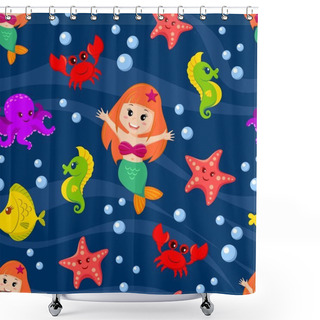 Personality  Seamless Pattern With Mermaid And Sea Animals Shower Curtains