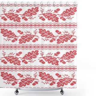 Personality  Scandinavian And Norwegian Folk Inspired Festive Autumn Seamless Pattern In Cross Stitch With Acorn, Oak Leaf And  Ornaments In Red And White Shower Curtains