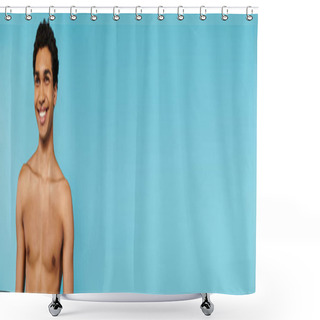 Personality  Jolly Young African American Man In Blue Swimming Trunks Looking Away On Blue Backdrop, Banner Shower Curtains