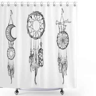 Personality  Set Of Hand Drawn Dream Catchers. Ornate Ethnic Items, Feathers And Beads. Monochrome Vector Illustration Shower Curtains