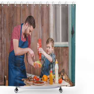 Personality  Father And Son Cooking Hot Dog  Shower Curtains