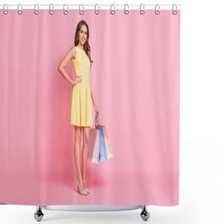 Personality  Full Length Photo Of Stunning Pretty Woman Hold Shopping Bags Hand Waist Sale Isolated On Pink Color Background Shower Curtains
