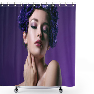 Personality  Close-up Portrait Of Tender Young Woman With Eustoma Flowers Wreath On Head Looking At Camera Isolated On Purple Shower Curtains