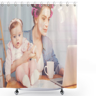Personality  Portrait Of Pretty Baby Girl While Sitting On The Table Shower Curtains