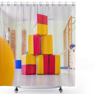 Personality  Close Up Of Toy Foam Cubes In A Gym Hall Of A Kindergarten Shower Curtains