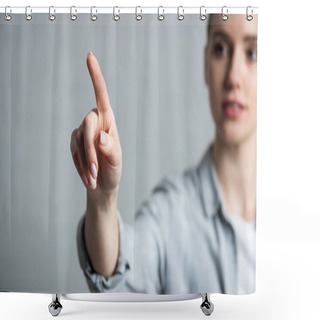 Personality  Selective Focus Of Woman Pointing With Finger Isolated On Grey Shower Curtains