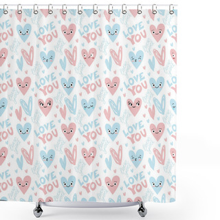Personality  Vector Seamless Pattern With Pink And Blue Hearts And Love Text In Flat Doodle Style Isolated On White Background. Modern Vector Texture For Valentine's Day, Wedding, Romance. Shower Curtains