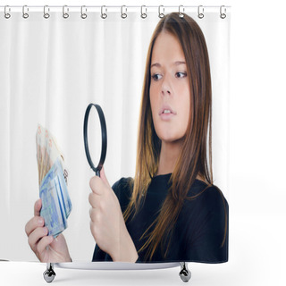 Personality  Woman With Magnifying Glass And Euro Cash Money Shower Curtains
