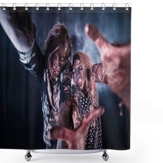 Personality  Scary Zombie Man And Woman Posing Against Foggy Dark Background With Backlight Shower Curtains