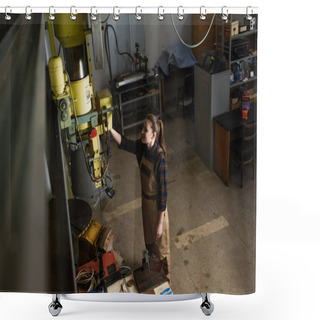 Personality  High Angle View Of Smiling Welder Working With Welding Machine In Factory  Shower Curtains
