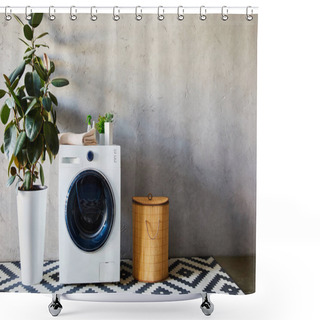 Personality  Green Plants, Towel And Bottles On White Washing Machine Near Laundry Basket And Ornamental Carpet In Bathroom  Shower Curtains