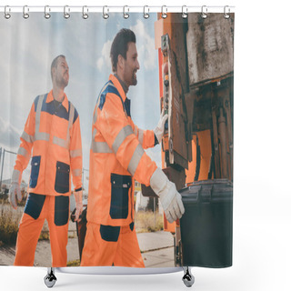 Personality  Two Garbagemen Working Together On Emptying Dustbins Shower Curtains