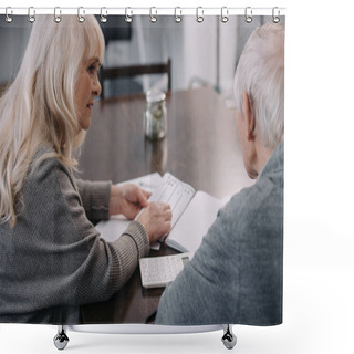 Personality  Senior Couple Sitting At Table With Notebook And Calculator Shower Curtains