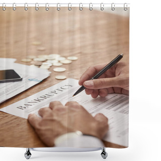 Personality  Cropped View Of Businessman In Suit  Filling In Bankruptcy Form At Wooden Table With Coins Shower Curtains