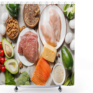 Personality  Top View Of Raw Salmon, Chicken Breasts And Meat On White Plates Near Nuts, Eggs And Vegetables, Ketogenic Diet Menu Shower Curtains