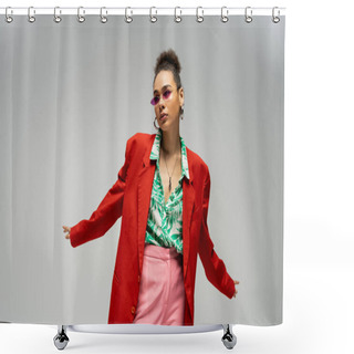 Personality  Stylish African American Woman In  Sunglasses And Trendy Vibrant Attire Posing On Grey Backdrop Shower Curtains