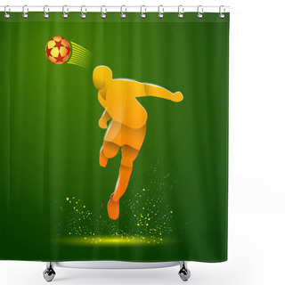 Personality  Abstract Illustration Of Soccer Player That Hits The Ball By His Head. Vector Yellow Silhouette Of A Footballer In The Jump And Soccer Ball On A Green Background. Shower Curtains